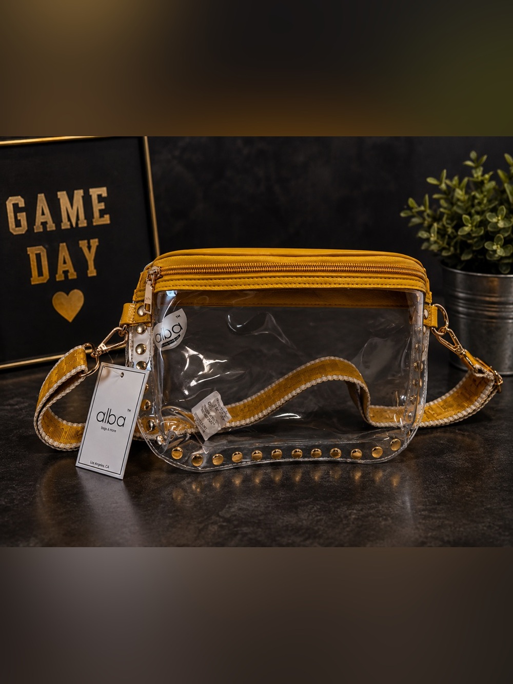 Alba Clear Crossbody Bag with Mustard Trim and Gold Studs